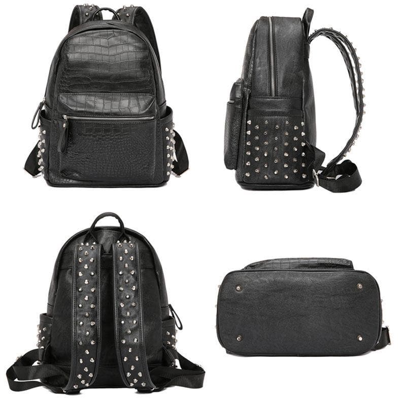 Black studded leather backpack with crocodile texture, stylish and functional for daily use.