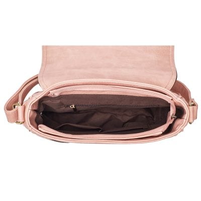 Pink leather handbag with spacious interior and zipper pocket, ideal for everyday use and stylishly designed for women. Perfect for carrying essentials comfortably.