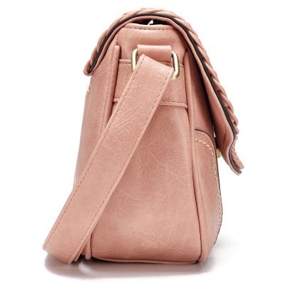 Stylish blush pink leather shoulder bag with braided detailing, perfect for fashion-forward accessories.