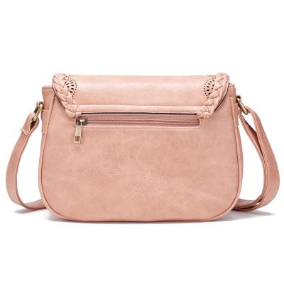 Light pink leather crossbody bag with braided shoulder strap and front zip pocket, ideal for stylish accessories and everyday use. Perfect for women seeking fashion-forward bags from Monalisa Store.