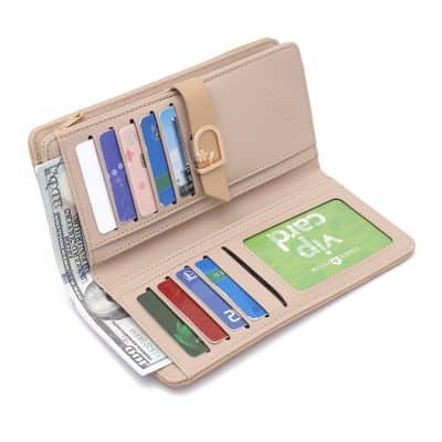 Stylish beige wallet with multiple card slots and cash compartment, ideal for organizing payment cards and cash - perfect for women and men.
