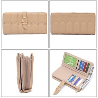 Stylish beige leather wallet featuring card slots, zippered compartment, and decorative quilting, perfect for women seeking a functional and fashionable accessory.