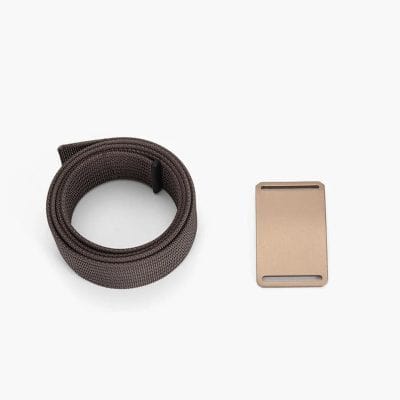 Black fabric belt with metal buckle for fashion or accessory use on white background.