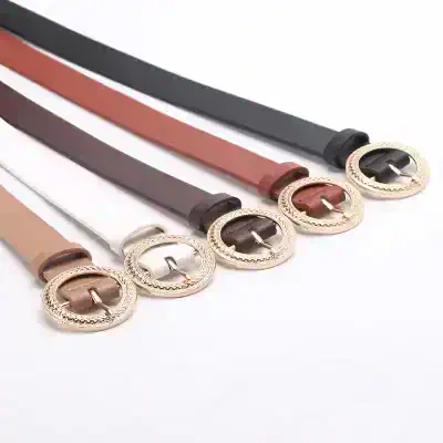 Black, brown, beige, red, and white belts with decorative gold buckles for women's fashion, stylish accessories from Monalisa Store for elegant and trendy outfits.