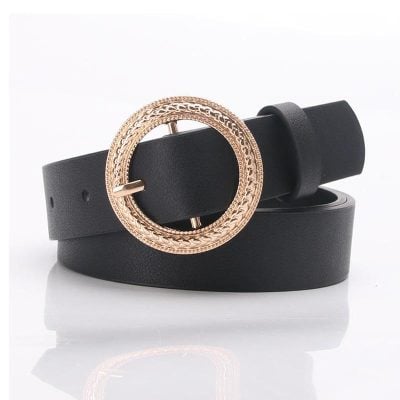 Luxury black leather belt with a gold ornate buckle, perfect for stylish accessories and fashion. Ideal for casual or formal outfits, enhancing your look.