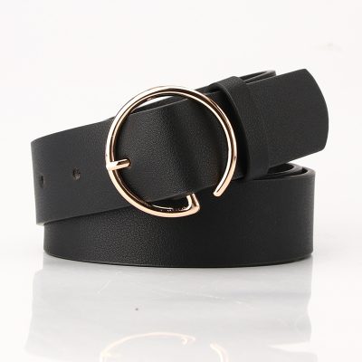 Black leather belt with rose gold buckle for women and men, stylish accessory from Monalisa Store.