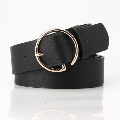 Black leather belt with a rose gold circular buckle, stylish accessory for fashion-conscious individuals. Perfect for dressy or casual outfits, adding elegance to your look.