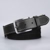 Black leather belt with white stitching and silver buckle, suitable for men's fashion accessories.