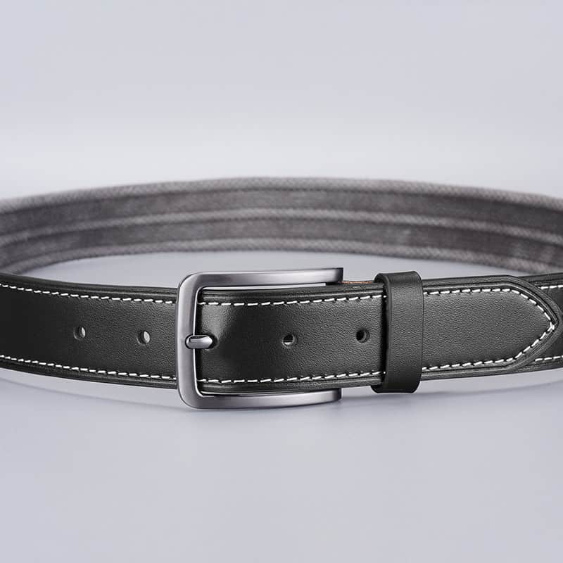Black leather belt with white stitching, adjustable metal buckle, suitable for men and women, stylish accessory for formal and casual wear.