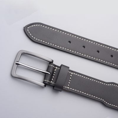 Elegant gray leather belt with white stitching, perfect for men and women, from Monalisa Store for stylish accessories and fashion essentials.