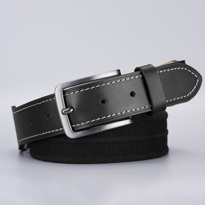Stainless steel black leather belt with white stitching, adjustable buckle for men and women, perfect for everyday fashion and formal wear.