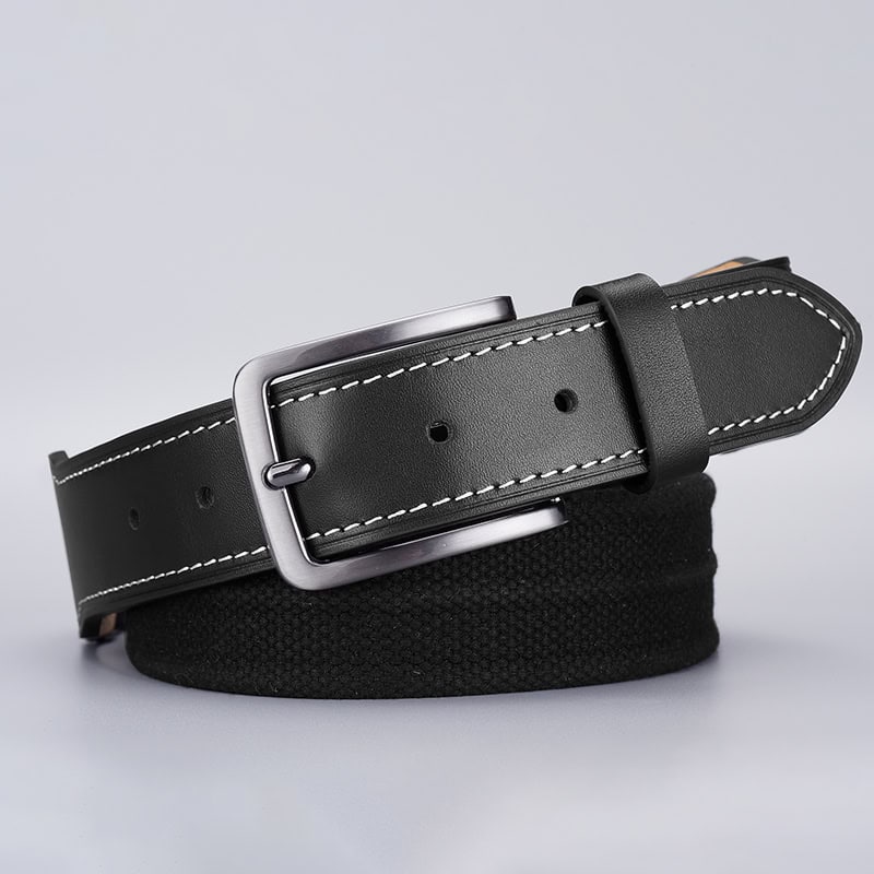 Stainless steel black leather belt with white stitching, adjustable buckle for men and women, perfect for everyday fashion and formal wear.