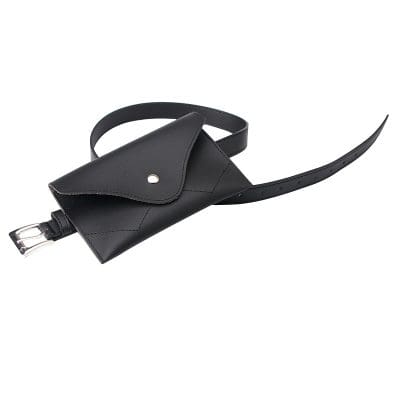 Black leather belt with adjustable strap and pouch for storage, elegant accessory for casual and formal outfits.