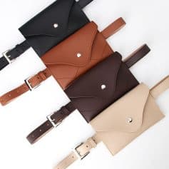Stylish leather belt bags in black, tan, dark brown, and beige with adjustable straps, perfect for women’s fashion accessories and convenience.