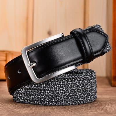 Black leather belt with silver buckle on woven fabric strap, stylish accessory from Monalisa Medical Store.