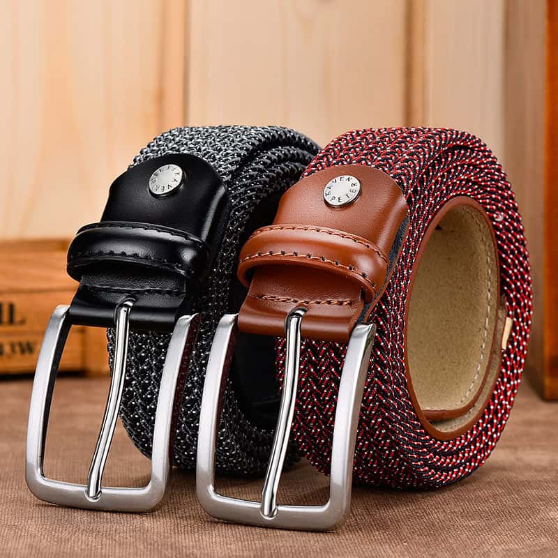 Black and red woven fabric casual belts with leather accents and stainless steel buckles, perfect for stylish men's fashion accessories.