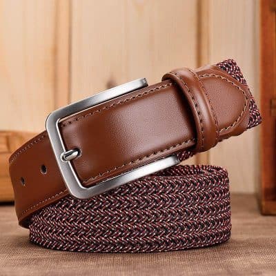 Brown leather belt with woven fabric design, stylish accessory from Monalisa Store.