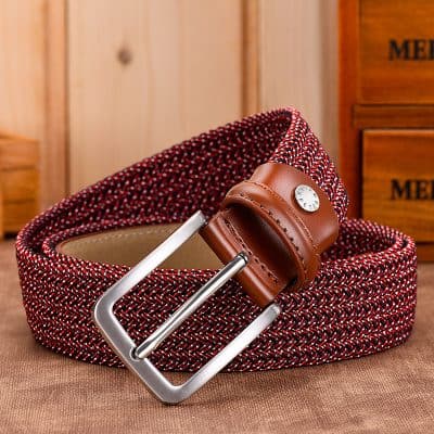 Red and black woven fabric belt with leather buckle for men, stylish accessory from Monalisa Store.