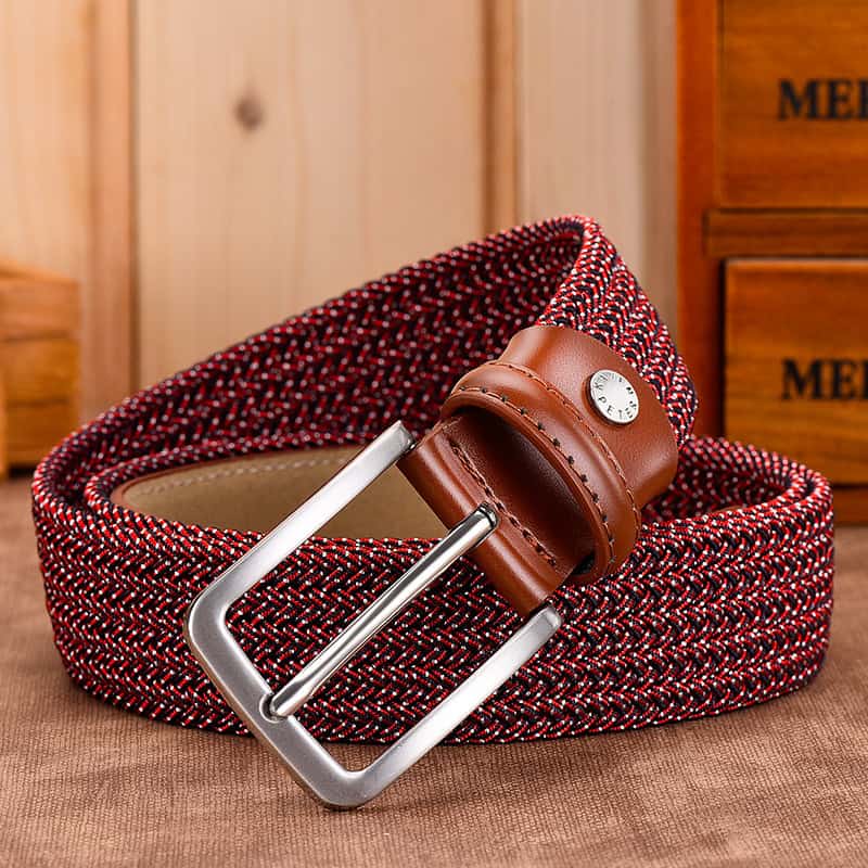 Red and black woven fabric belt with leather buckle for men, stylish accessory from Monalisa Store.