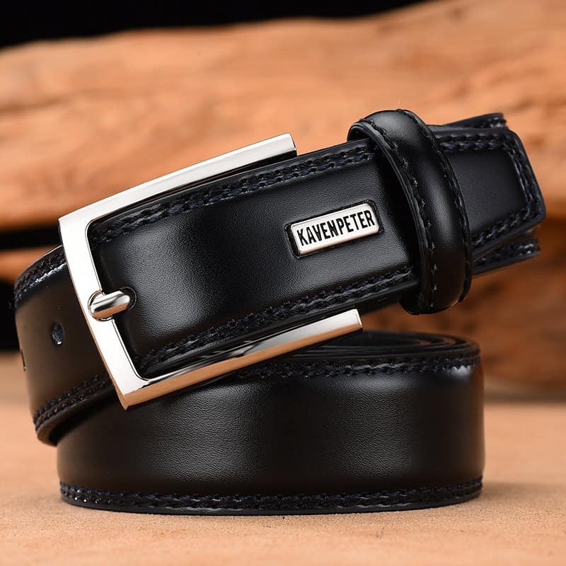 Black leather Kavinpeter belt with silver buckle for men and women, stylish accessory for fashion and formal outfits. Perfect for enhancing your look with a high-quality, durable design.