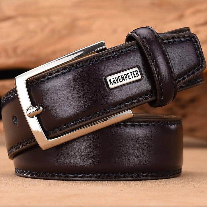 Genuine leather men’s belt with silver buckle, stylish and durable accessory for formal and casual wear.
