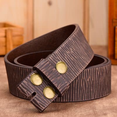 Fashion leather belt with textured wood grain pattern and gold-tone metal studs for casual or formal wear. Perfect accessory for men and women seeking stylish, durable belts.