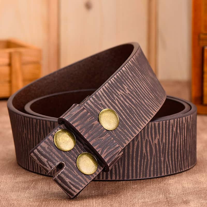 Fashion leather belt with textured wood grain pattern and gold-tone metal studs for casual or formal wear. Perfect accessory for men and women seeking stylish, durable belts.