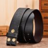 Black leather belt with gold rivets for men and women, stylish and durable accessory. Perfect for casual or formal outfits, available at Monalisa Store.