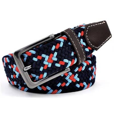 Colorful woven fabric belt with leather accents, stylish and adjustable, perfect for men's and women's fashion accessory needs.