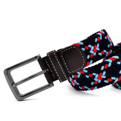 Fashionable woven belt with black leather trim and metal buckle, perfect for casual or formal wear. High-quality, durable, stylish accessory available at Monalisa Store for men and women.