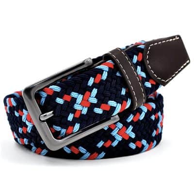 Colorful woven casual belt with adjustable metal buckle and leather accent, ideal for men's fashion and accessories. Perfect for adding a stylish touch to everyday outfits and formal wear.