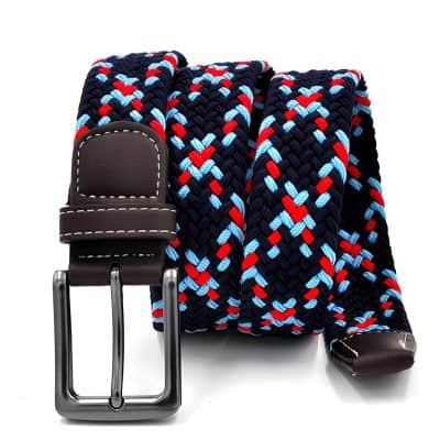 Colorful braided fabric belt with leather tip and metal buckle, perfect for men's fashion accessories.