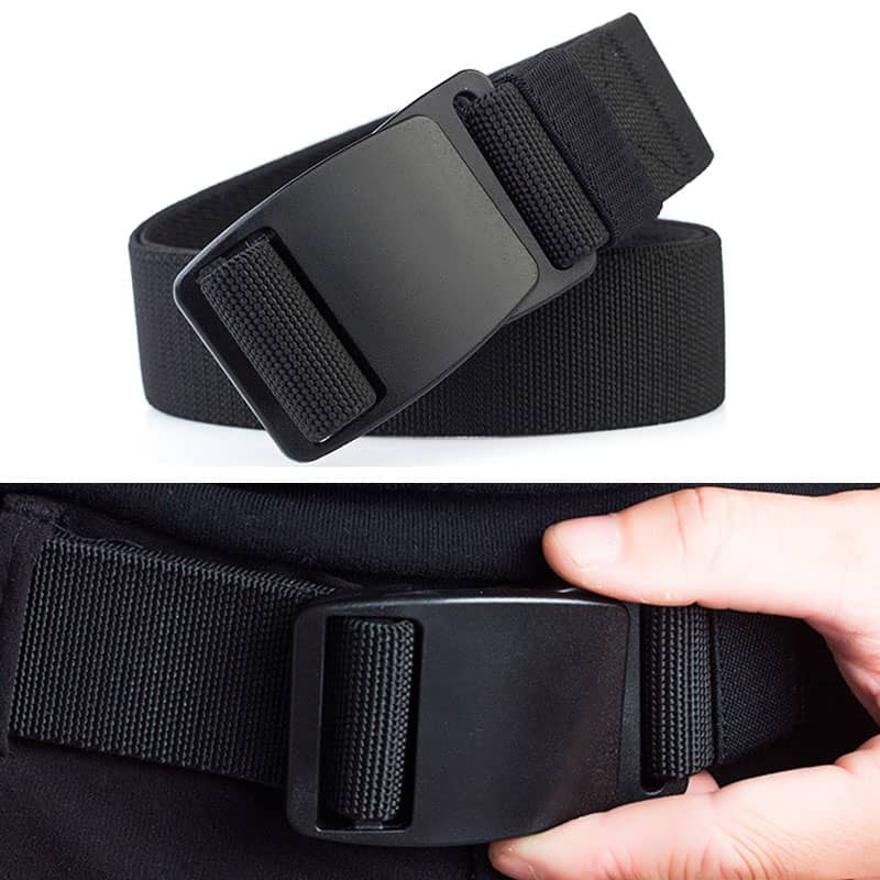 Belt with black buckle and adjustable strap for casual or sportwear, suitable for outdoor activities and everyday use.