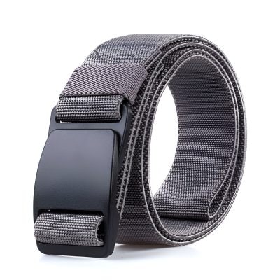 Fashionable black and gray woven belt with sleek metal buckle, perfect for stylish accessories and waist customization.
