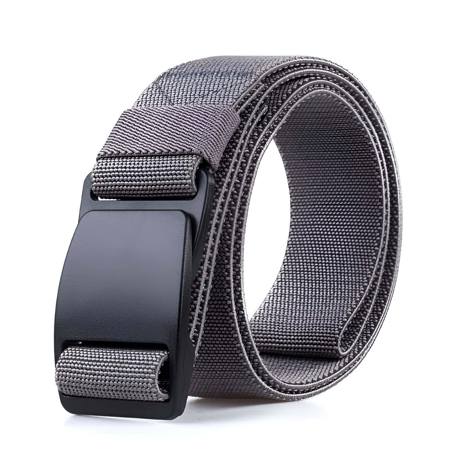 Fashionable black and gray woven belt with sleek metal buckle, perfect for stylish accessories and waist customization.