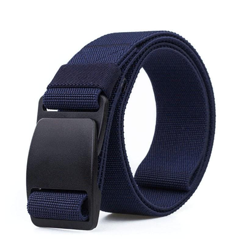 Durable navy blue fabric belt with black plastic buckle for men and women high-quality adjustable fashion accessory.