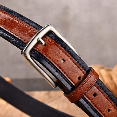 Brown and black leather belt with silver buckle for men's fashion and accessories at Monalisa Store.