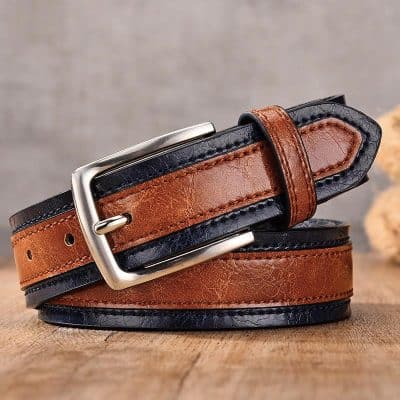 Black and brown leather belt with silver buckle, stylish accessory for men and women.