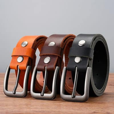 High-quality men's leather belts in tan, brown, and black with metal buckles, perfect for office or casual wear. Shop durable and stylish belts at Monalisa Store.