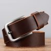 Genuine leather brown belt with silver buckle for men and women, stylish and durable accessory for eye care store display.