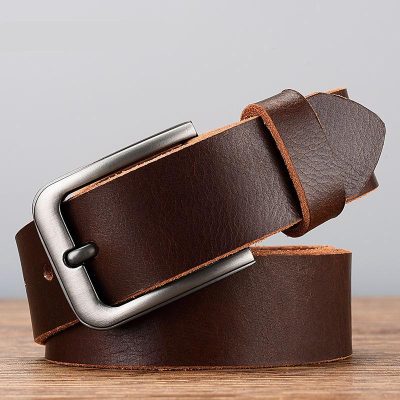 Genuine leather brown belt with silver buckle for men and women, stylish and durable accessory for eye care store display.