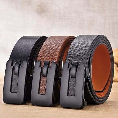 Black, brown, and gray leather belts with automatic buckle mechanisms, ideal for stylish men's fashion and formal wear. Perfect for business attire and casual outfits.
