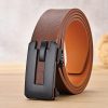 Brown leather casual belt with black automatic buckle for men and women, stylish accessory for fashion and everyday wear, high-quality material for durability.