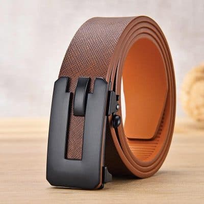 Brown leather casual belt with black automatic buckle for men and women, stylish accessory for fashion and everyday wear, high-quality material for durability.