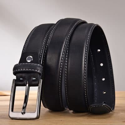 Black leather men's belt with silver buckle, stylish and durable accessories for formal and casual outfits. Perfect for office wear, jeans, or special occasions, enhancing your overall look with quality craftsmanship.