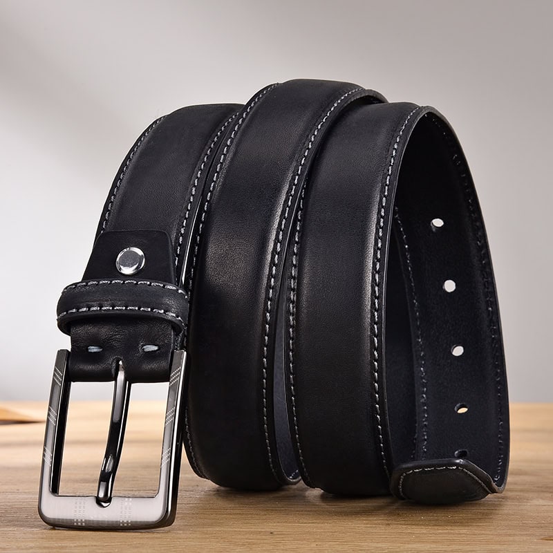 Black leather men's belt with silver buckle, stylish and durable accessories for formal and casual outfits. Perfect for office wear, jeans, or special occasions, enhancing your overall look with quality craftsmanship.