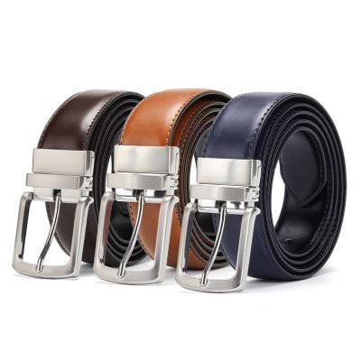 Genuine leather belts with silver buckles in black, brown, and navy blue, perfect for men's fashion and accessories. High-quality, stylish, and durable belts for everyday wear.