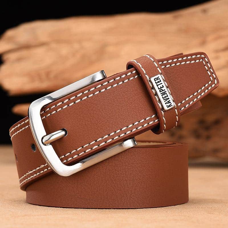 Genuine leather men's belt with silver buckle and white stitching, stylish and durable accessory from Monalisa Store for professional or casual wear.