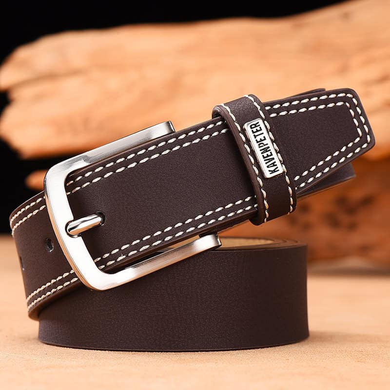 Black leather belt with white stitching and silver buckle for men and women, stylish accessory from Monalisa Store.