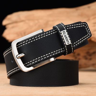 Black leather belt with white stitching and silver buckle, stylish accessory from Monalisa Store. Perfect for men’s fashion and casual wear.